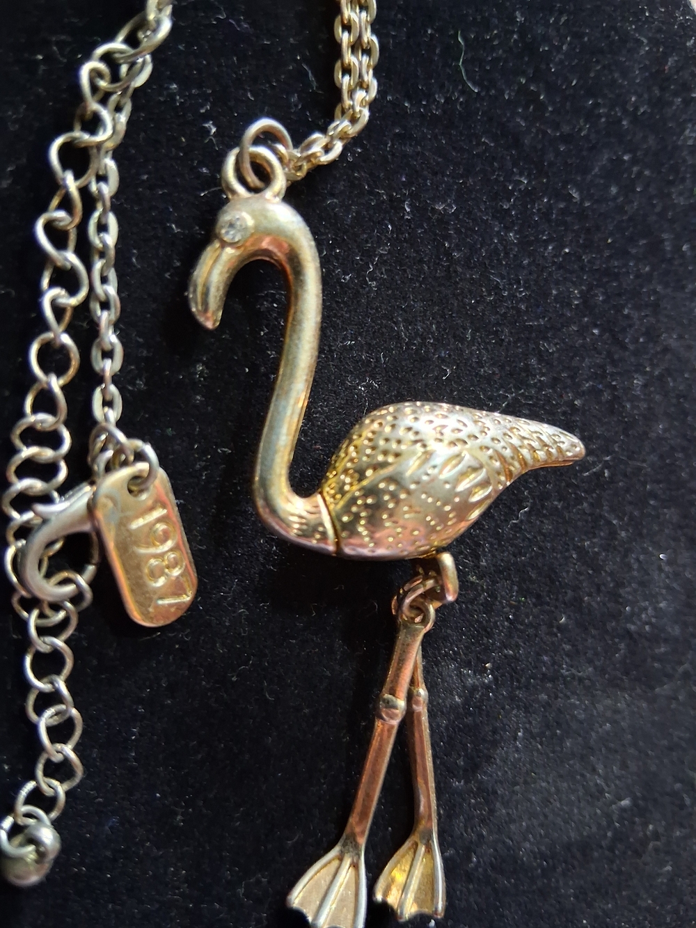 Vintage Aero 1987 Silver Flamingo Necklace Moveable Legs Bird Costume Jewelry